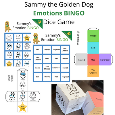 Sammy the Golden Dog Emotions BINGO Dice Game